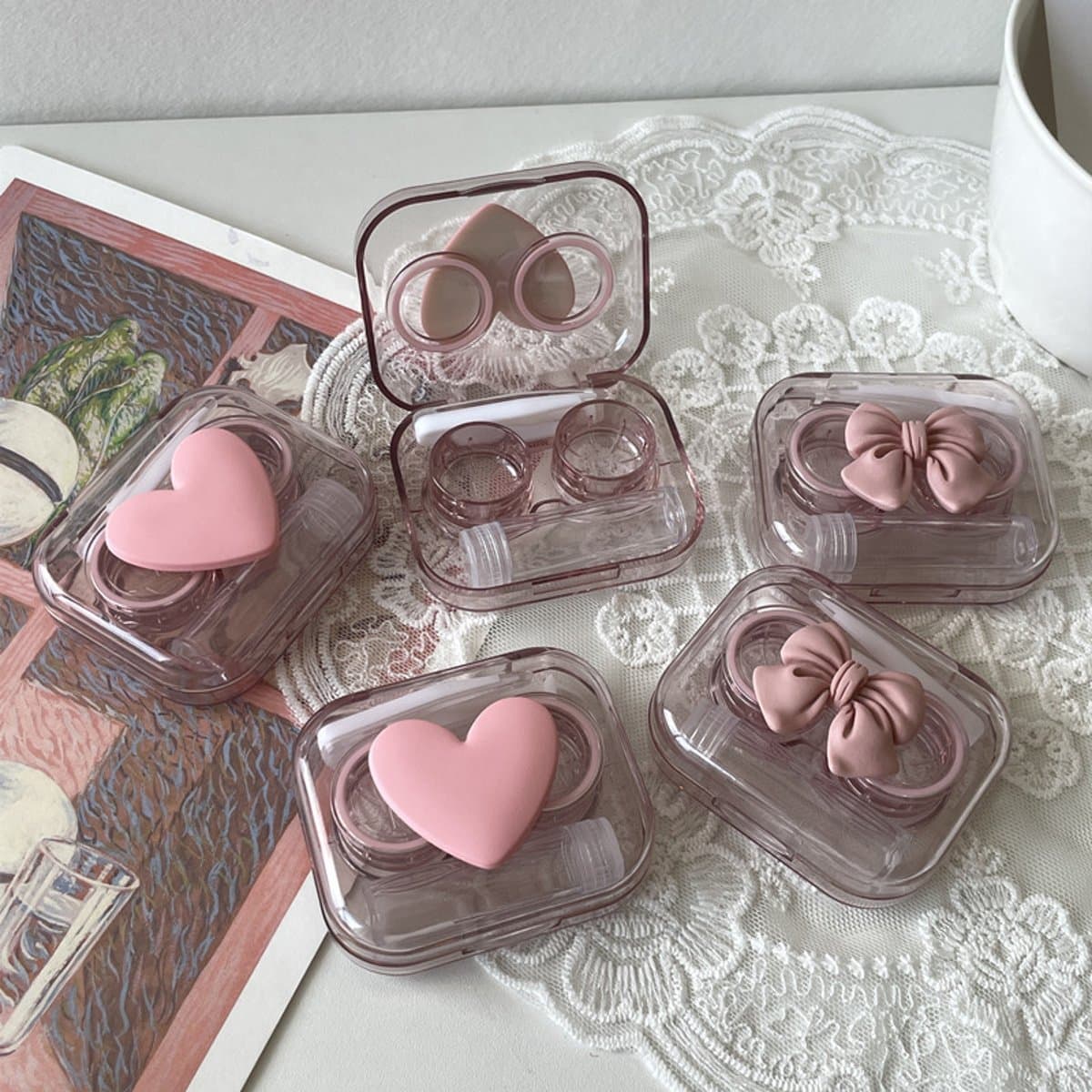 Estuche para lentes de contacto transparente rosa Sakura miniatura 2